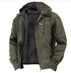 Winter Hooded Coat With Pockets Fashion Warm Fleece Zip-up Jacket Casual Outwear Men's Clothing (Option: Green-XL)