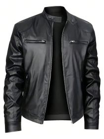 Men's Stand-up Collar Leather Jacket Business Casual Jacket (Option: Black-M)