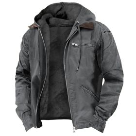 Winter Hooded Coat With Pockets Fashion Warm Fleece Zip-up Jacket Casual Outwear Men's Clothing (Option: Gray 2-S)