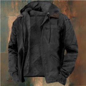 Winter Hooded Coat With Pockets Fashion Warm Fleece Zip-up Jacket Casual Outwear Men's Clothing (Option: Black-XXL)