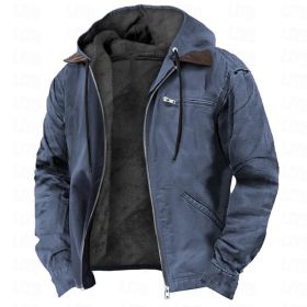 Winter Hooded Coat With Pockets Fashion Warm Fleece Zip-up Jacket Casual Outwear Men's Clothing (Option: Navy Blue-M)