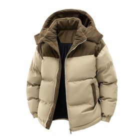 Detachable Hat Cotton-padded Coat For Couple Color Contrast Patchwork Thickened (Option: Khaki-M)