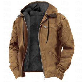 Winter Hooded Coat With Pockets Fashion Warm Fleece Zip-up Jacket Casual Outwear Men's Clothing (Option: Camel-XS)